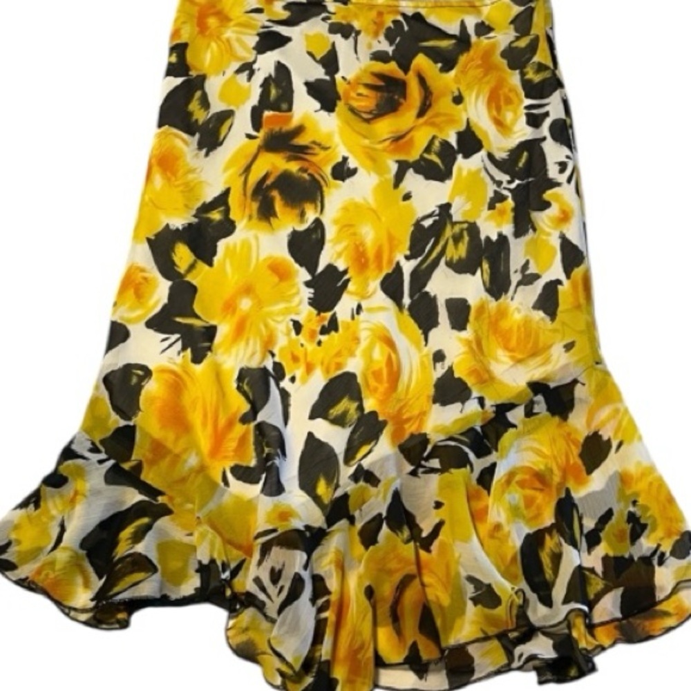 Thanx Collection | Dopamine Yellow and Black Floral Midi Skirt | Size M